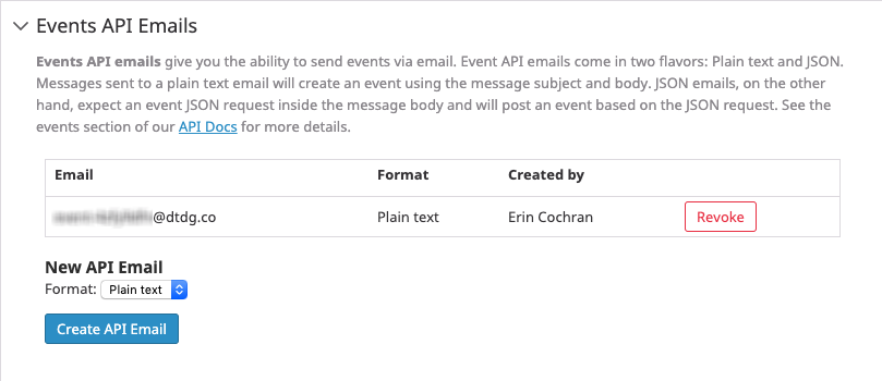 Events API Emails section in the Datadog app